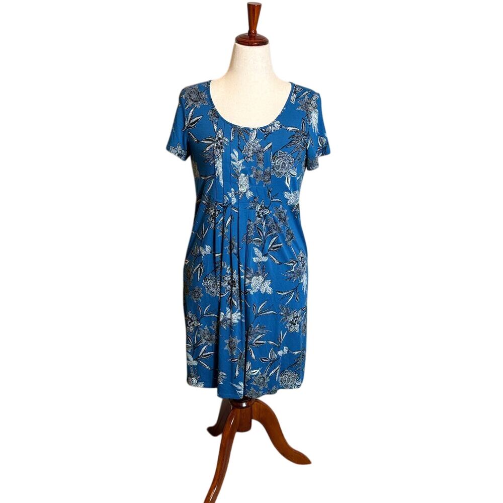 J. Jill Wearever dress blue black white floral short sleeve pintucked  Sz XSP